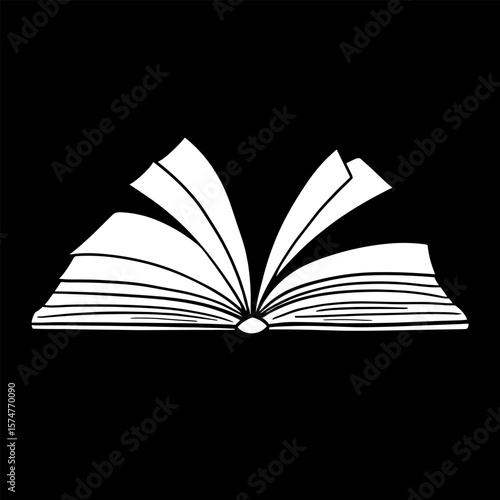Open Book with Blooming Flowers – White Botanical Line Art on Black