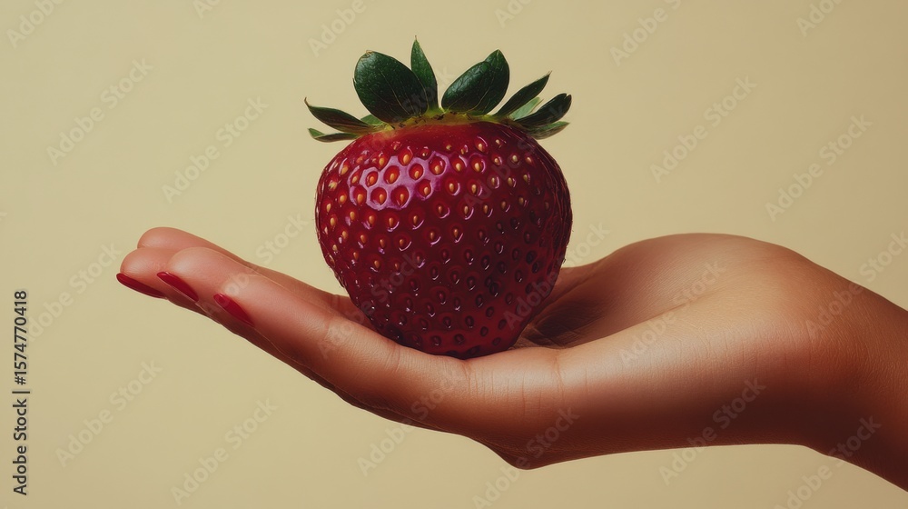 Obraz premium A hand holding a strawberry. Concept of care and attention to detail, as the person is holding the strawberry delicately and with a gentle touch. The image also suggests a sense of freshness