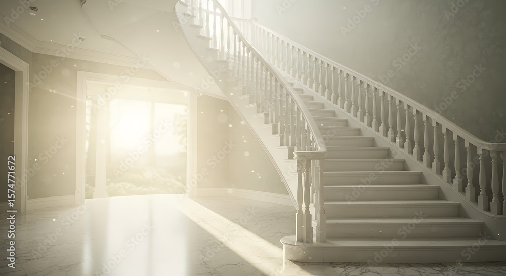 Fototapeta premium Bright white stairs interior design staircase architecture home decor elegant balustrade light room