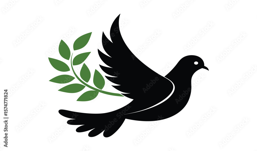 Obraz premium Black silhouette dove with olive branch of peace