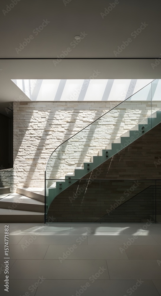 Obraz premium Modern staircase design interior architecture home stairs glass railing light and shadow contemporary style