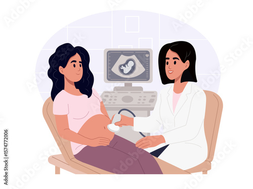 Pregnant woman undergoes pregnancy screening at a medical clinic. Early prenatal diagnosis, fetal health monitoring, and maternal care during pregnancy. Maternity, pregnancy, fertility concept