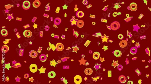 Colorful abstract pattern of stars circles and lightning bolts. Abstract seamless memphis loop video for presentation, intro, outro, and social media.
