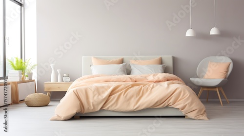 Understated elegance in pastel apricot theme, soft matte concrete wall, gentle natural window light and cozy duvet set with layered textures