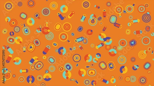 Abstract orange background with colorful geometric shapes. Abstract seamless memphis loop video for presentation, intro, outro, and social media.
