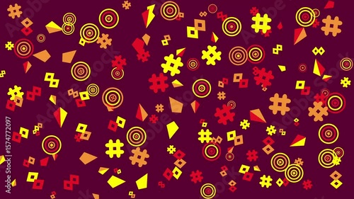 Maroon background with colorful geometric shapes. Abstract seamless memphis loop video for presentation, intro, outro, and social media.