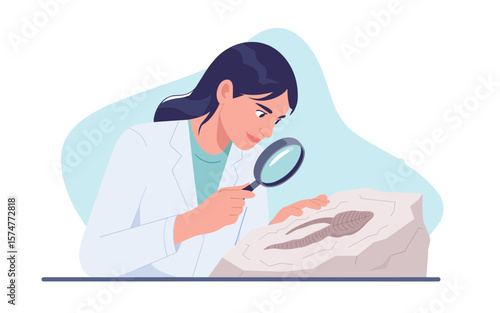 Female paleontologist meticulously examines ancient fossil imprint with magnifying glass in a lab
