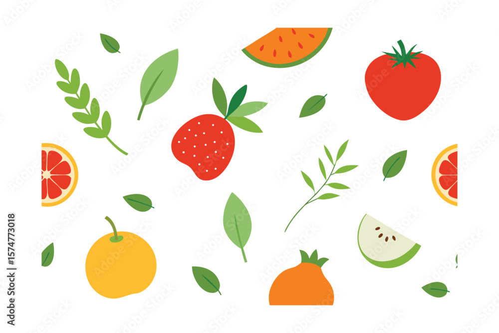 Garden Fresh Fruits And Herbs Vector Pattern On White Garden Fresh Fruits And Herbs Vector Pattern On White