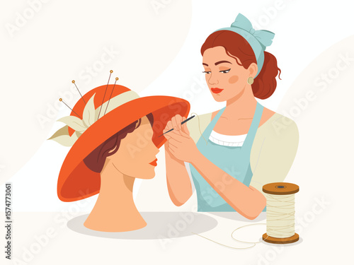 Skilled milliner carefully crafts an elegant orange hat on a mannequin head