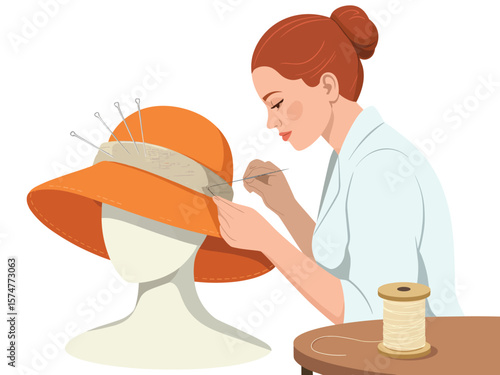 Skilled milliner carefully handcrafts an elegant orange hat on a mannequin