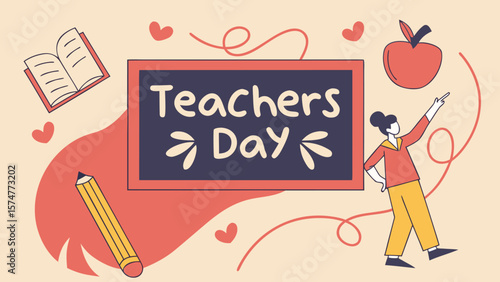 Happy Teachers Day:  A cheerful illustration featuring a teacher, chalkboard, apple, book, and pencil;  celebratory, minimalist style; warm, appreciative mood.