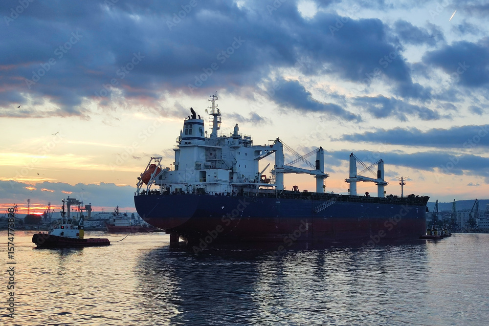 Fototapeta premium Two small service boats escort a large cargo ship into dock