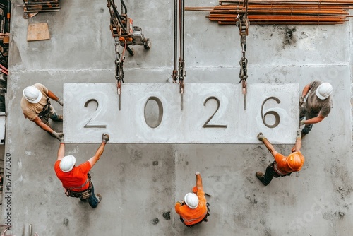 Construction Crew Lifting Concrete Slab with Year 2026 Symbol