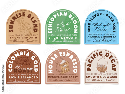 A set of labels for various coffee blends indicating different roast levels, flavor notes and geographic origin.