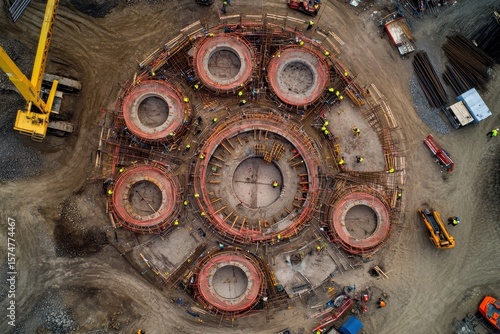 Aerial View of Construction Site with Workers and Circular Structures