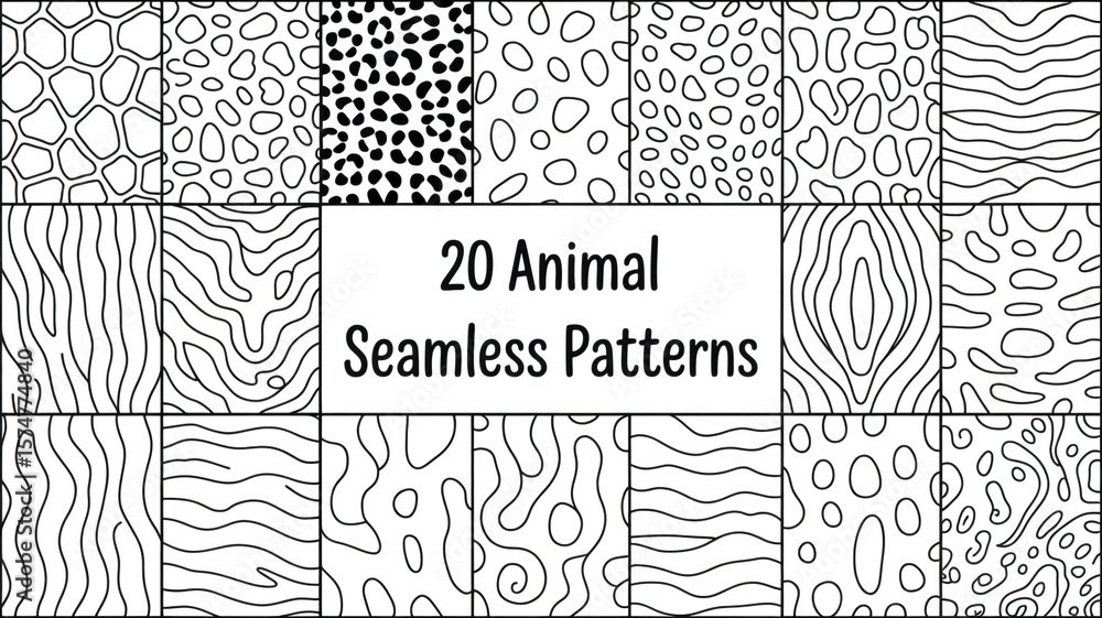 A collection of 20 seamless animal print patterns arranged in a grid layout against a white background. A collection of 20 seamless animal print patterns arranged in a grid layout against a white background.