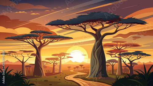 Ruaha National Park, Tanzania – Baobab silhouettes stand against wide plains. Dust swirls underneath sunset sky, painting remote wilderness.