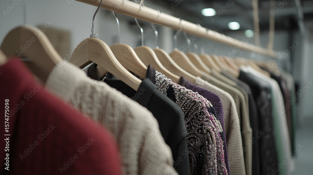 Obraz premium Clothing items hanging on a rack inside a store or retail space.