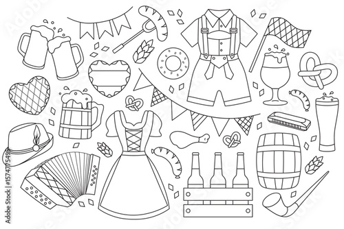 Oktoberfest, large vector set, beer mugs, snacks, Bavarian flag, wooden barrel, musical instruments, national clothes, simple white black icons