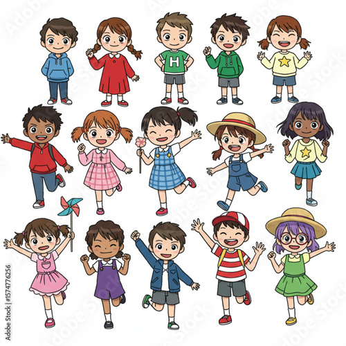 Diverse Group of Happy Multicultural Children Cartoon Illustration Set