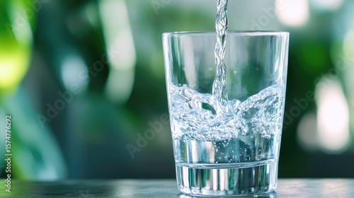 Clear water being poured into a glass, out-of-focus greenery in background