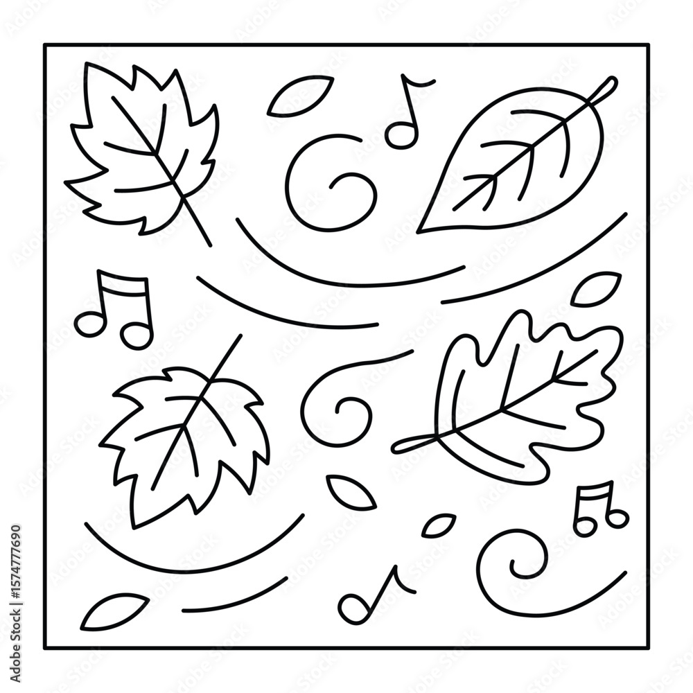 Fototapeta premium Autumn Leaves and Music Coloring Page – Fall Breeze with Notes and Swirls