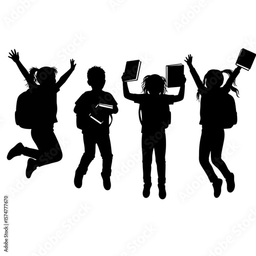 “Joyful Student Silhouettes Jumping with Backpacks and Celebration Energy”