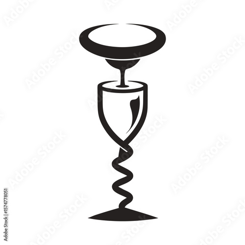 Black and white illustration of a corkscrew wine opener with a stylized glass shape
