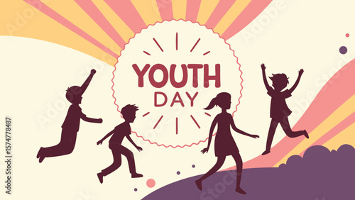 Joyful Youth Day celebration:  Silhouette illustration of four children playfully jumping and running against a vibrant retro sunburst background, conveying energy, optimism, and carefree fun.