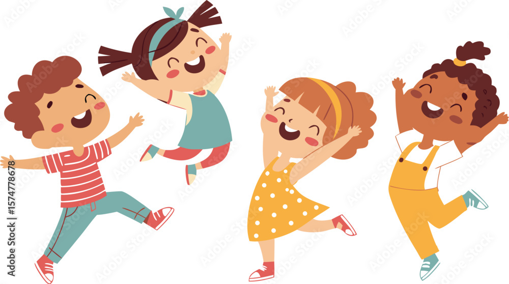 Naklejka premium Vector Illustration Of Children Playing Jumping kids. Happy funny children playing and jumping in different action poses education little team vector characters. Illustration of kids and children fun 