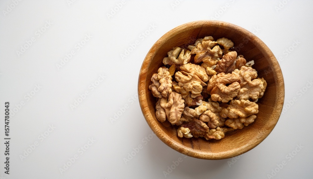 overhead shot of shelled walnuts in a smooth wooden bowl on a white surface with natural light highlighting nut textures and copy space on the left overhead shot of shelled walnuts in a smooth wooden bowl on a white surface with natural light highlighting nut textures and copy space on the left