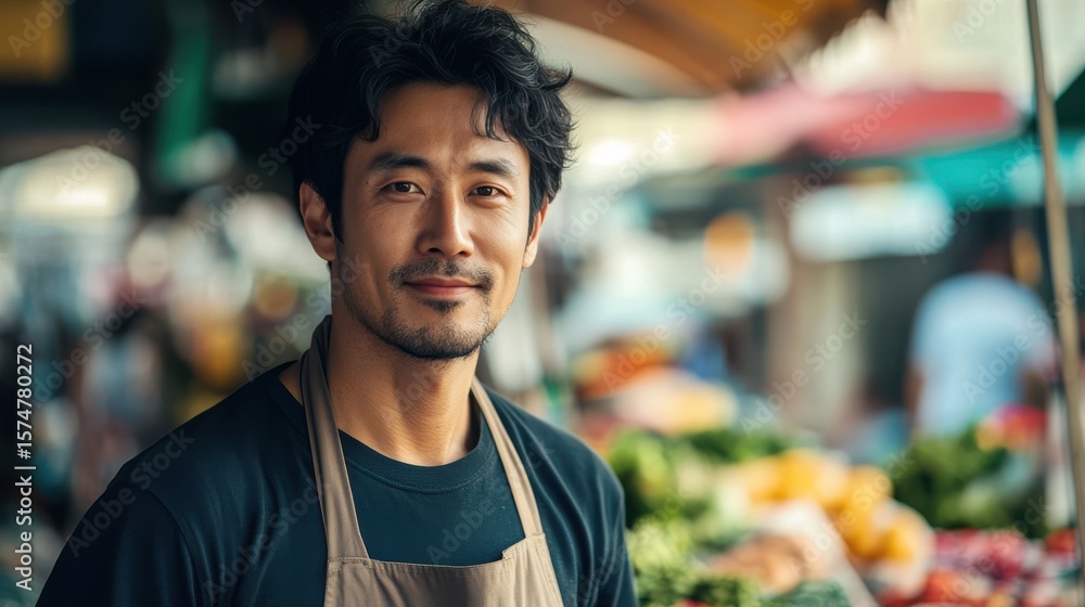 Naklejka premium Asian Man Market stall Owner. Merchant Selling working in Market stall, looking at camera. Startup successful small business owner. Small and Medium Enterprises concept. 