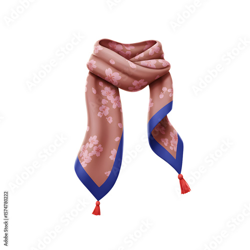 3D Render of Sakura Silk Scarf – Elegant Brown Floral Neck Wrap with Blue Edging and Red Tassels