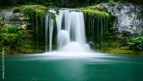 Beautiful cascading waterfall with vibrant green moss on rocks, flowing into a clear turquoise pool.