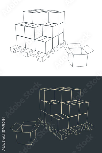 Cardboard boxes on a wooden pallet illustrations