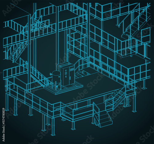 Industrial production. Stairs and equipments isometric blueprint