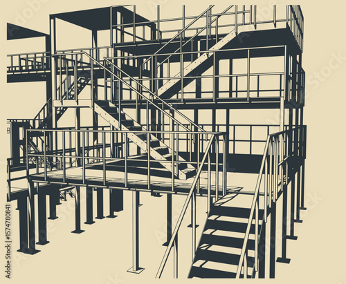 Industrial production metal stairs platforms and equipments illustration