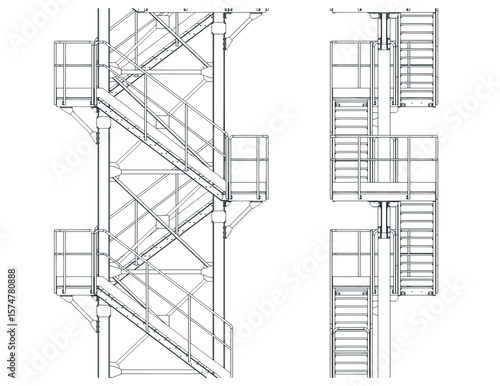 Industrial staircase blueprints illustration