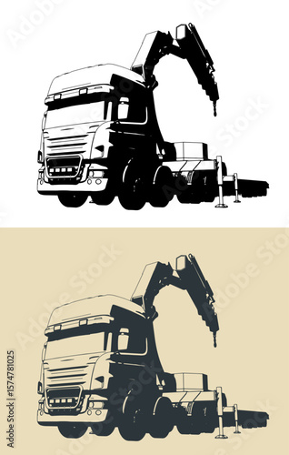 Truck with self loader mounted crane and semi-trailer illustrations