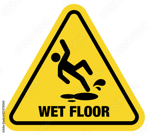 A caution sign warns people of a wet floor. The sign is yellow and black and features a person falling on a wet floor
