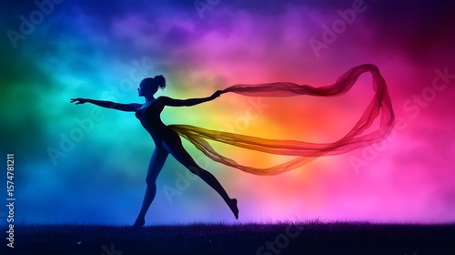 Elegant female dancer in silhouette with flowing fabric against a vibrant gradient background.