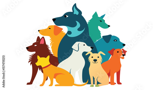 Group of colorful dogs sitting together