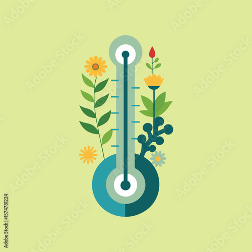 Floral Thermometer Illustration with Yellow Orange and Teal Flowers on a Light Green Background
