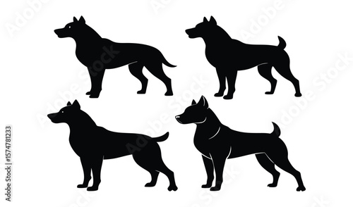 Four black dog silhouettes standing profile