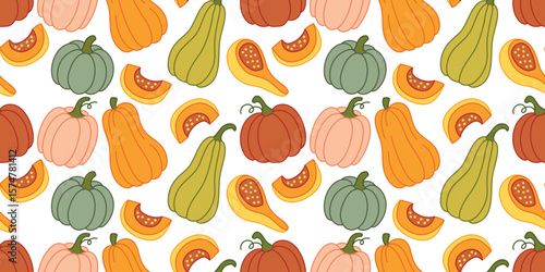 Seamless repeating pattern of pumpkins and squash in assorted shapes and colors. Autumn harvest background design