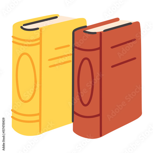 Two hardcover books in red and yellow standing upright. Isolated educational object for design themes related to learning, knowledge, or reading