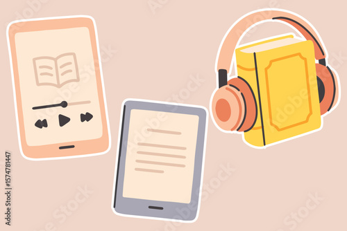 Audiobook player with headphones, tablet screen, and mobile device showing digital books. Illustration of hybrid reading tools and education technology