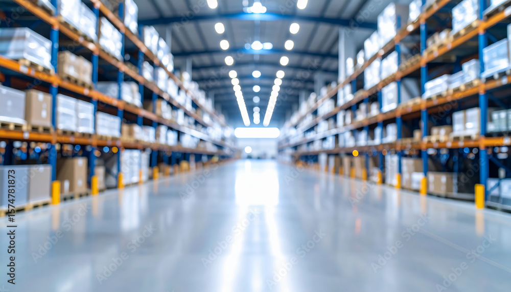 Fototapeta premium A long, blurred warehouse aisle with industrial shelving stacked with boxes, emphasizing depth and logistics operations.