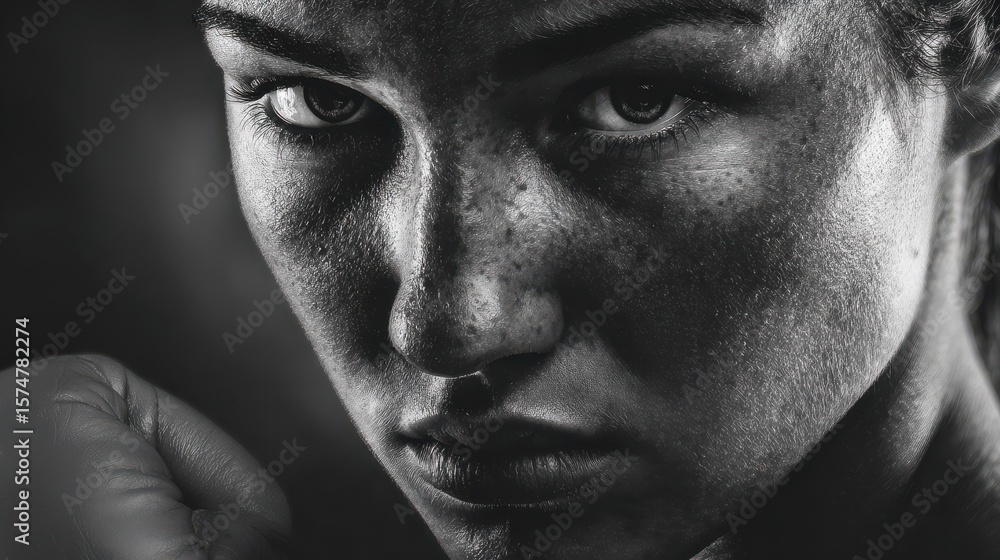 Obraz premium Black, white portrait of determined female boxer. Strong woman shows focus resilience. Fighter demonstrates power strength dedication. Represents female athletes sport boxing. Serious face during