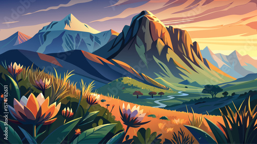 Mount Aspiring, South Africa’s Drakensberg foothills, slopes bloom with proteas and grasses. Rocky promontory glimmers in sunrise mist.
